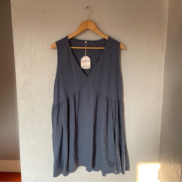 Mini Babydoll Dusty Blue Sleeveless Dress 100% Cotton size XL Boho Comfy Twee - Picture 1 of 5